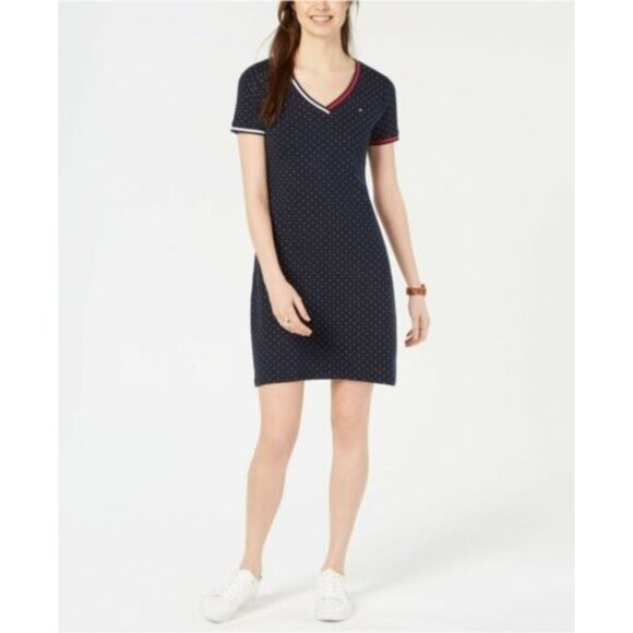 Tommy Hilfiger Womens Navy Polka Dot V-Neck Dress - Picture 1 of 5